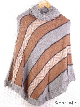 Knitted poncho, light brown / gray / black