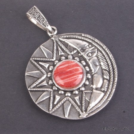 Necklace pendant silver with stone. Sun and moon with spondyle / chrysokol