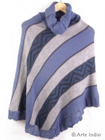 Knitted poncho, light blue / gray / black