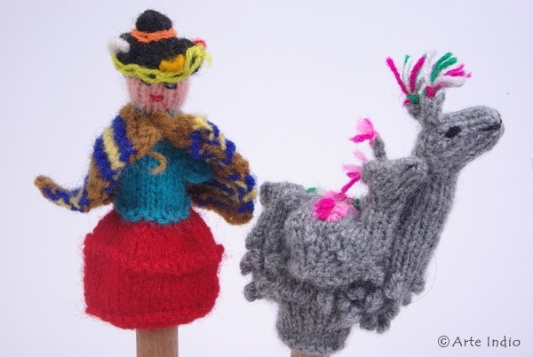 Finger puppet. Andean woman with alpaca