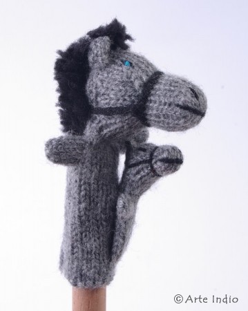 Finger puppet. Gray horse with child